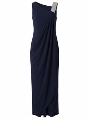 Karina Navy One-Shoulder Evening Gown with Crystal Strap